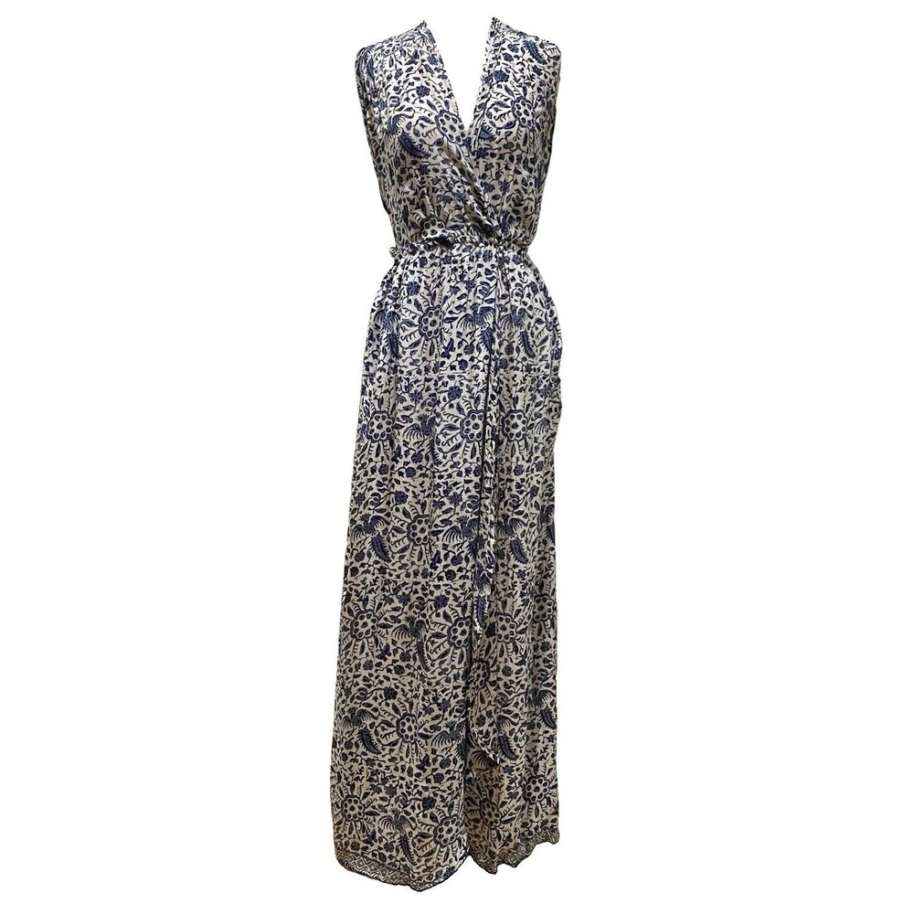Natalie Martin Silk Maxi Dress Ornate Floral Sz L Wrap Geometric Blue White Boho